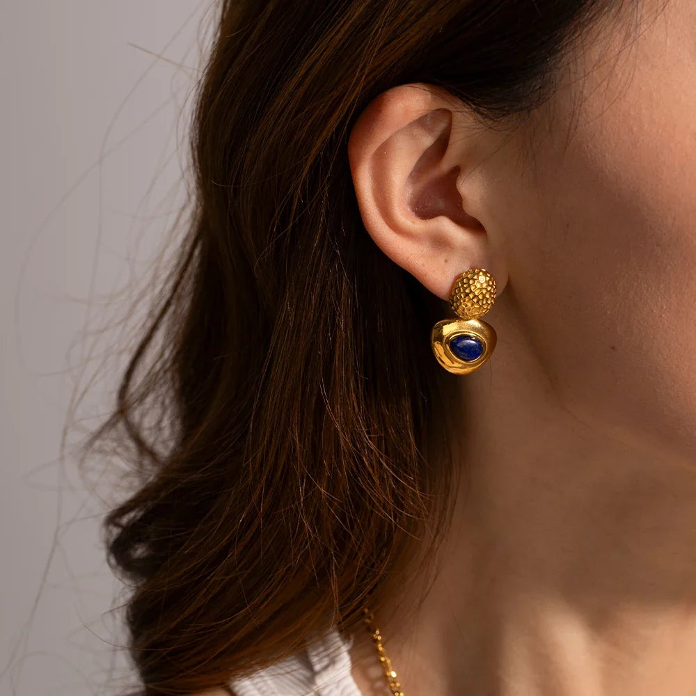 18k Hammered Geometric Triangle Lapis Earrings