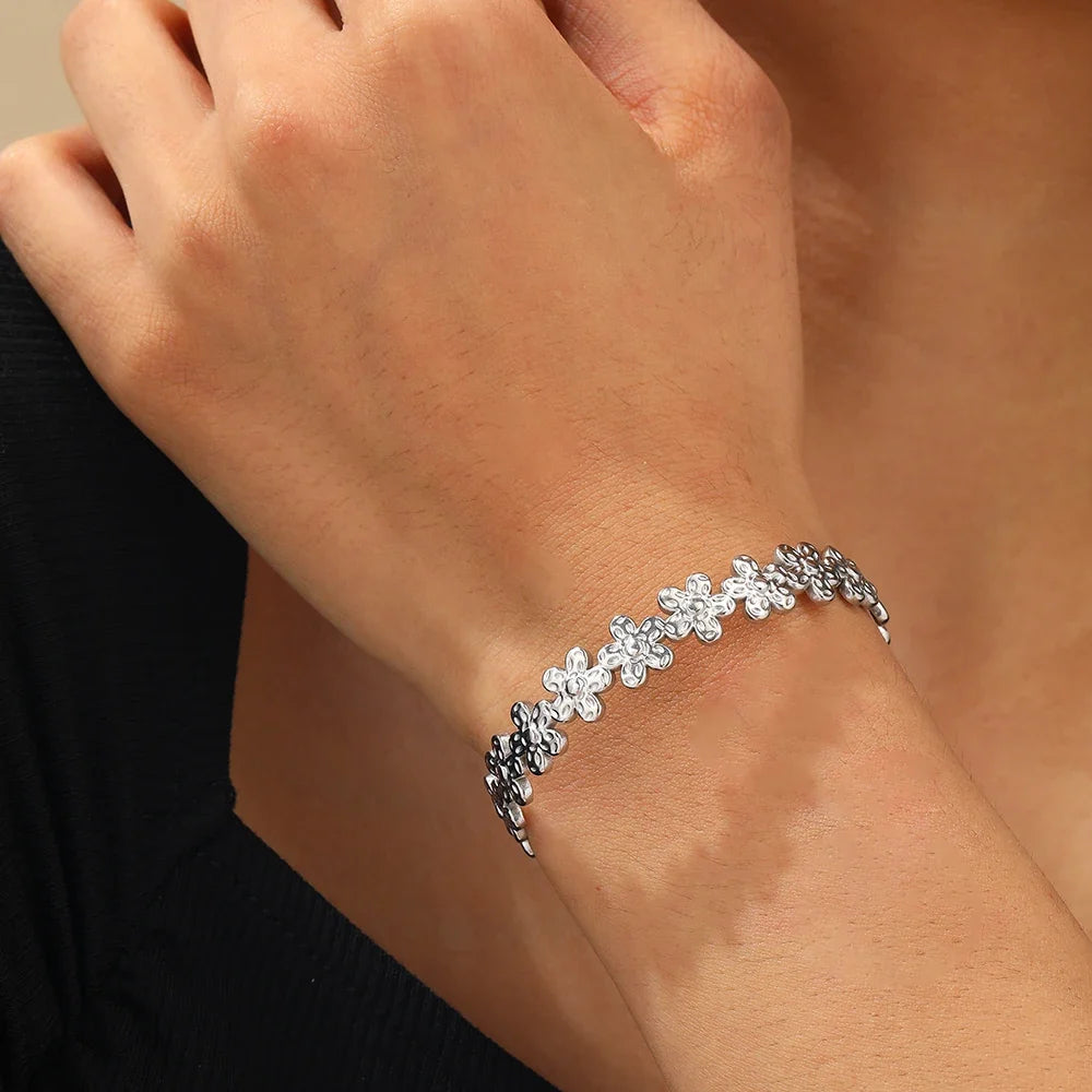 Textured Floral Bangle Cuff Bracelet in silver