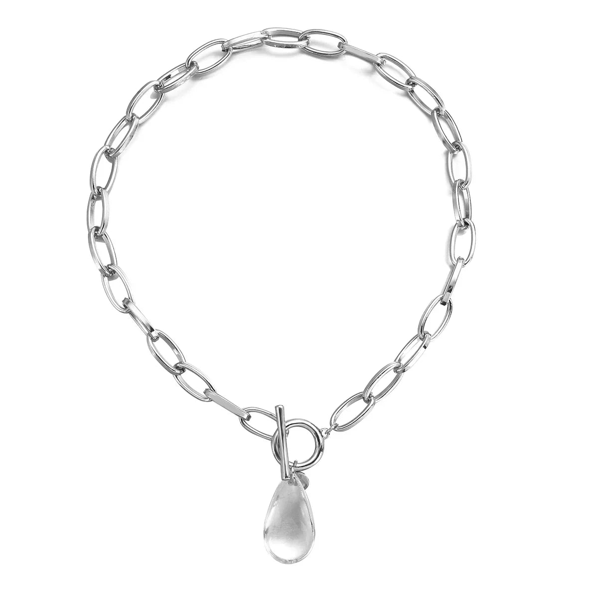 Chunky Paperclip Crystal Waterdrop Circle Bar Clasp Necklace in silver
