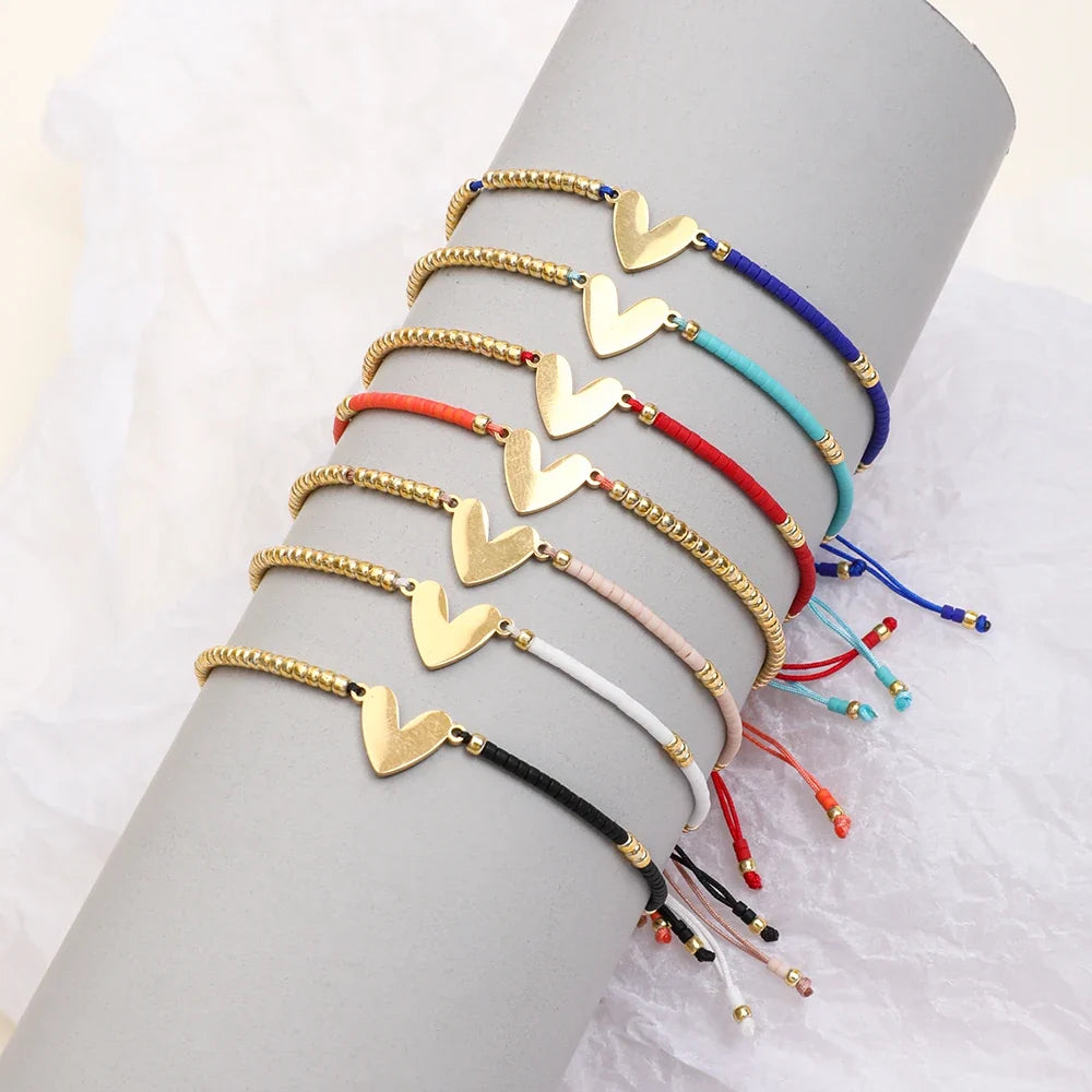 Adjustable Dainty Beaded Flat Heart Bracelet