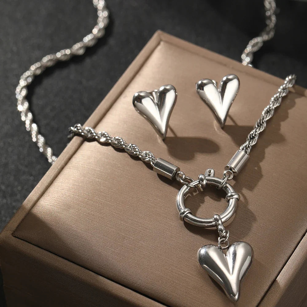 Rope Chain Anchor Clasp Heart Necklace and Earring Set in silver