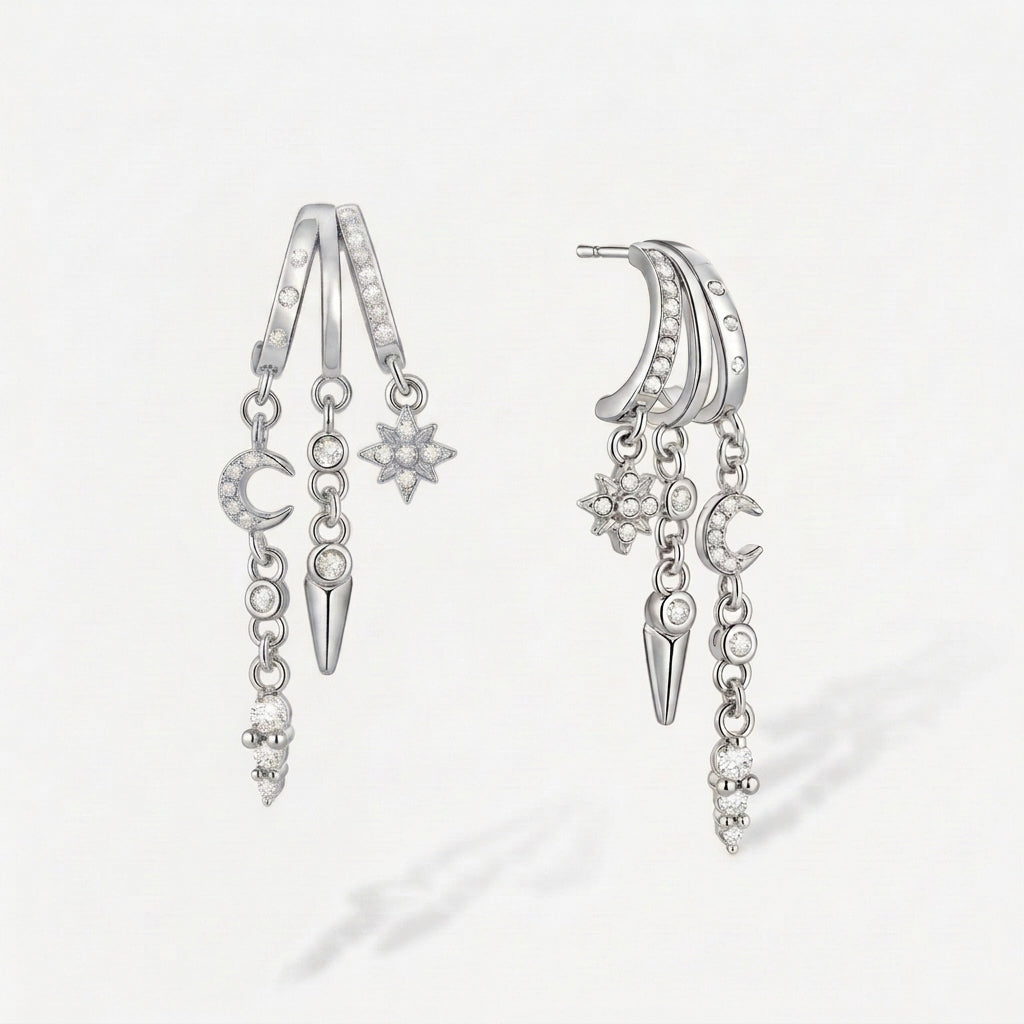 14k Trio Crescent Star and Moon Earrings in silver