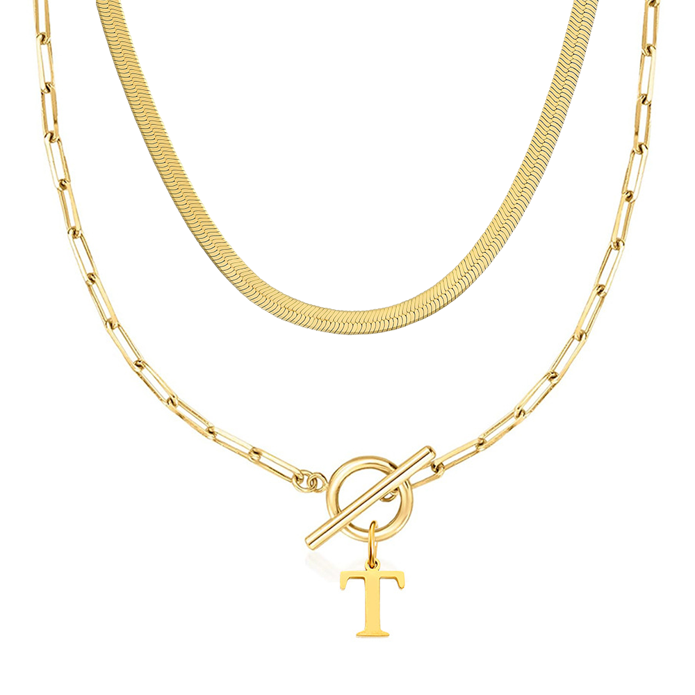 2pc Paperclip Initial Toggle Clasp & Herringbone Necklace Set in gold
