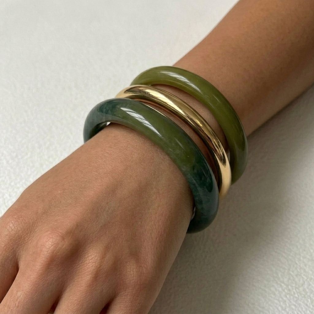3pc Resin Green & Gold Bracelet Stack