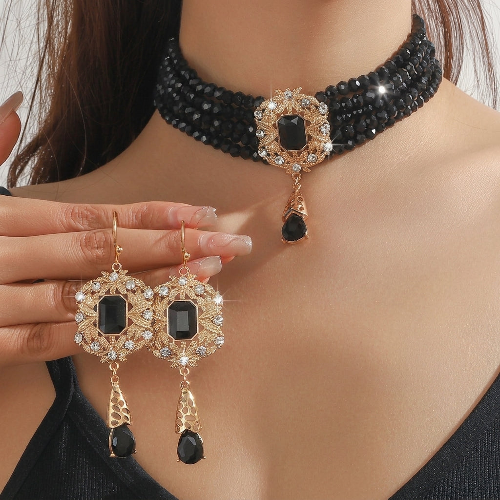 Beaded Crystal Necklace & Earrings Set in black gold