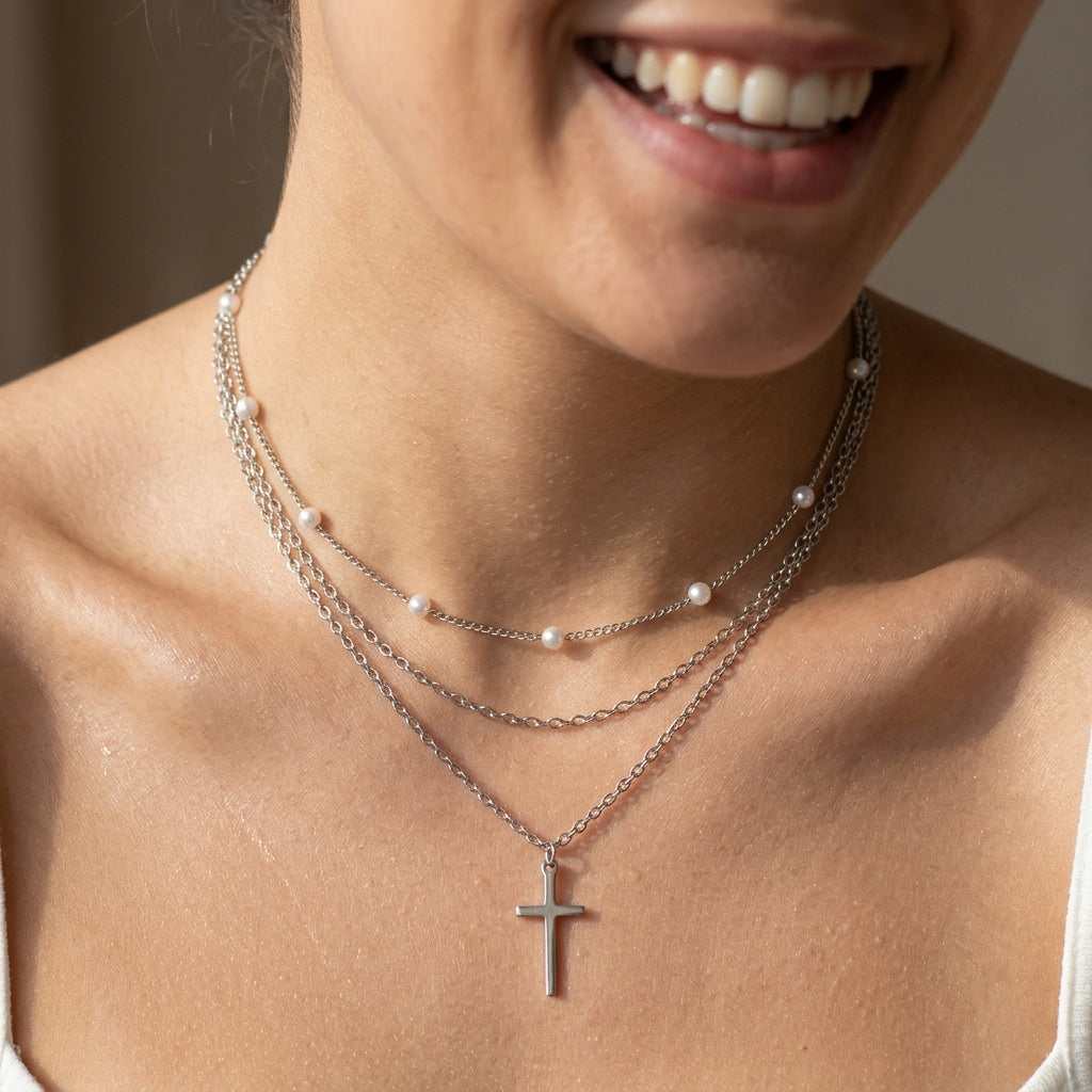 2pc Dainty Layered Pearl & Cross Necklace Stack in silver