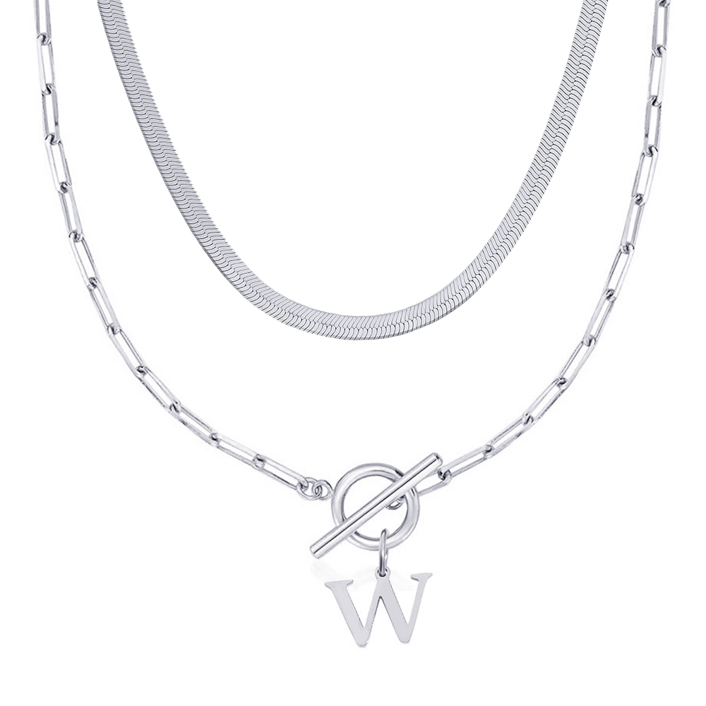 2pc paperclip initial toggle clasp herringbone necklace set
