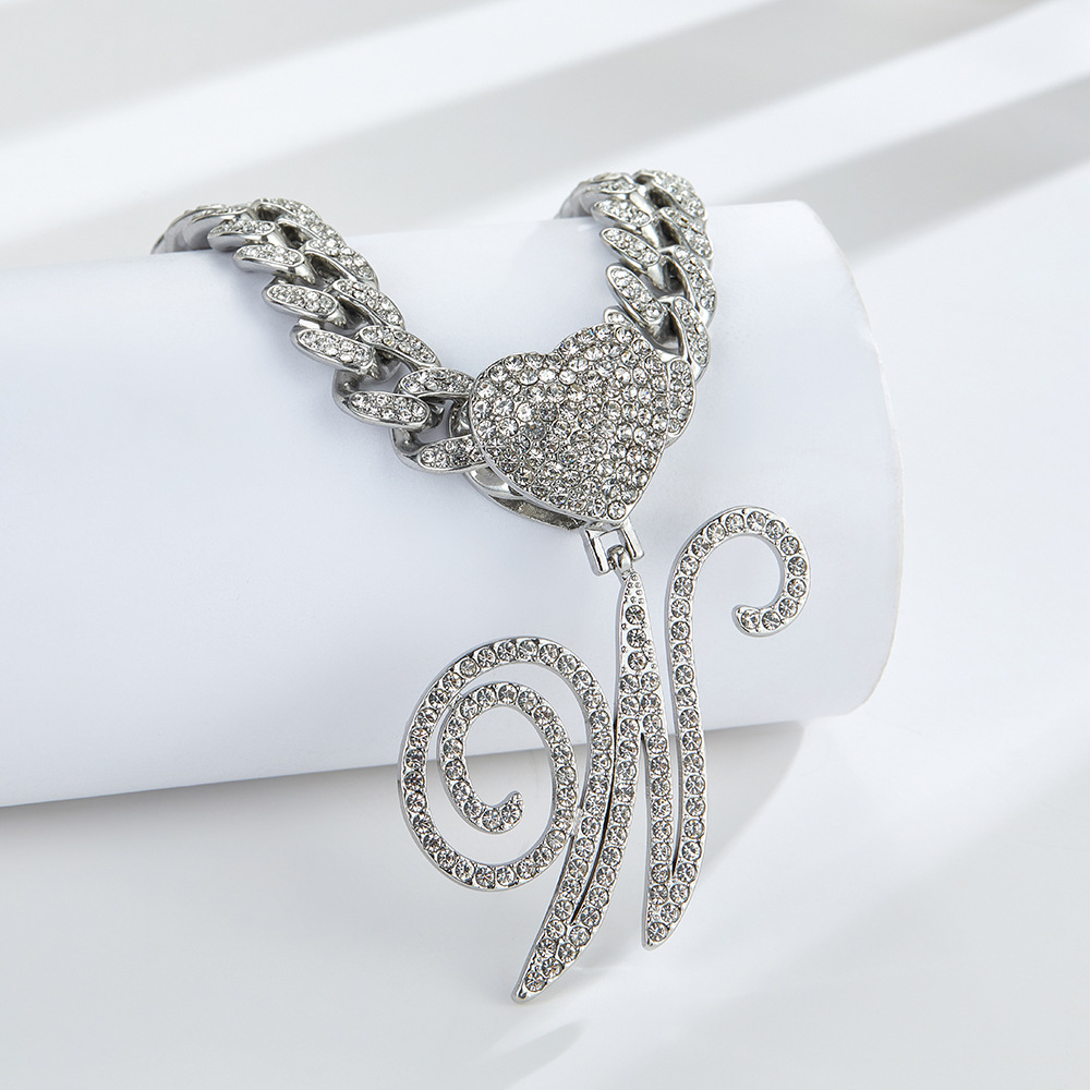 Cursive Diamond Accented Initial Cuban Heart Necklace in silver
