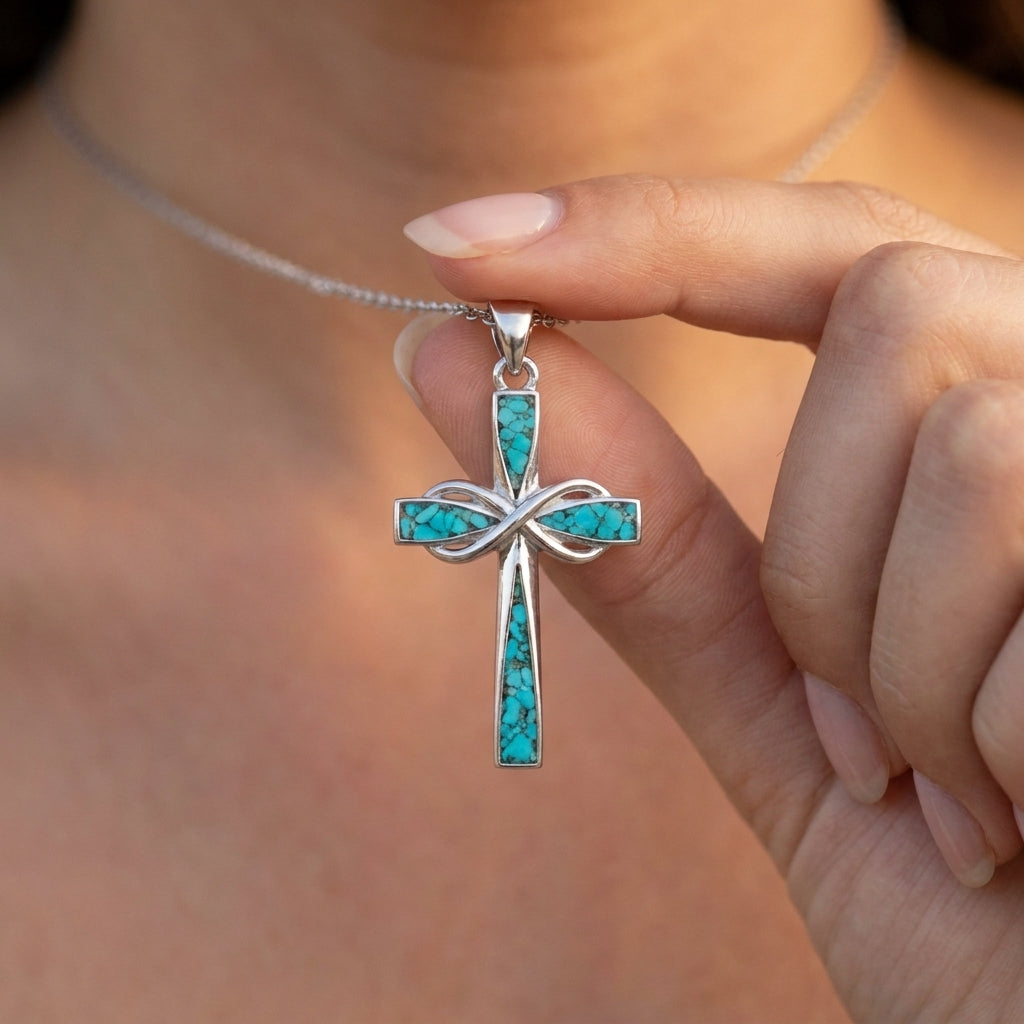 Turquoise Accented Infinity Cross Faith Necklace
