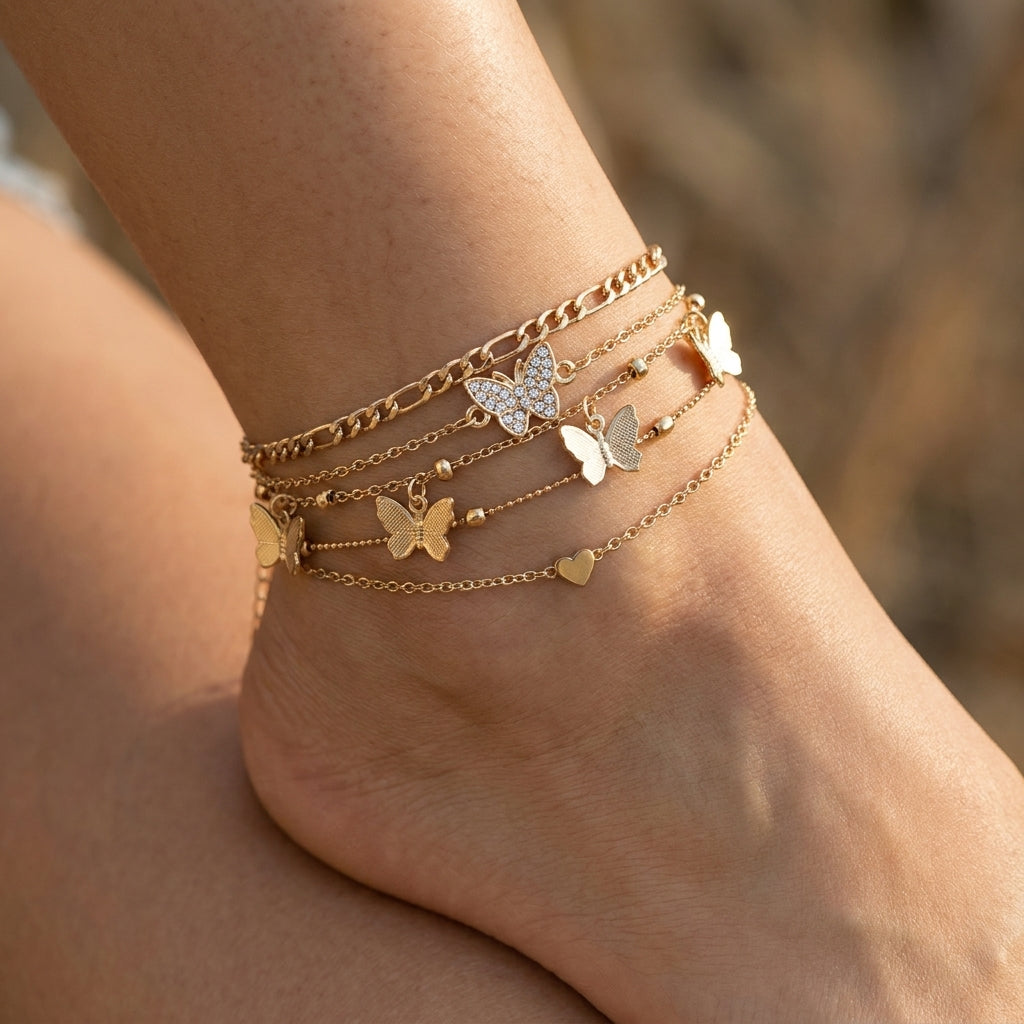 4pc Butterfly & Heart Anklet Stack in gold