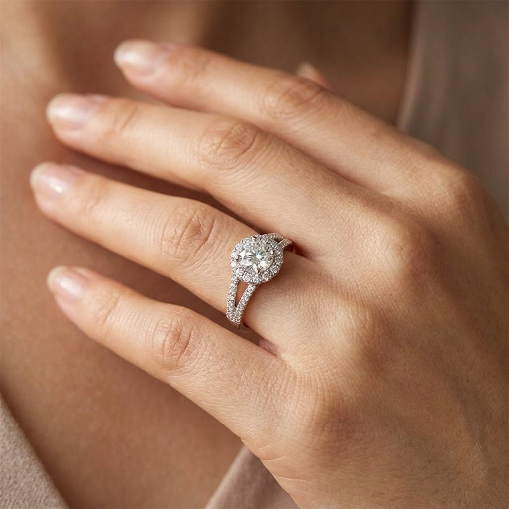 Split Shank Halo Diamond Accented Ring
