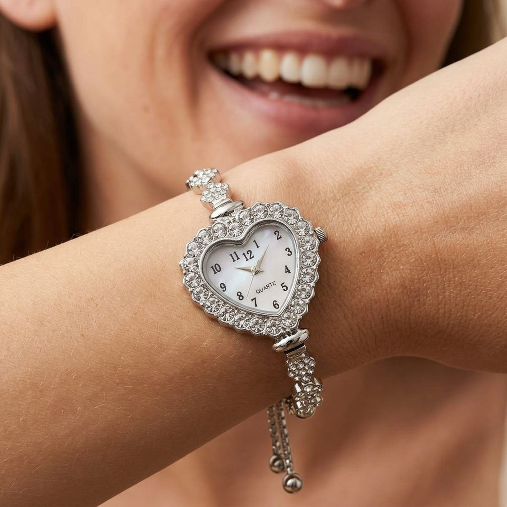 Adjustable CZ Accented Heart Watch in silver