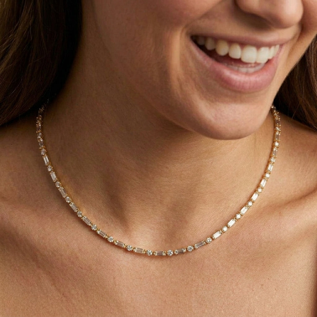 14k Dainty Baguette and Round Tennis Necklace