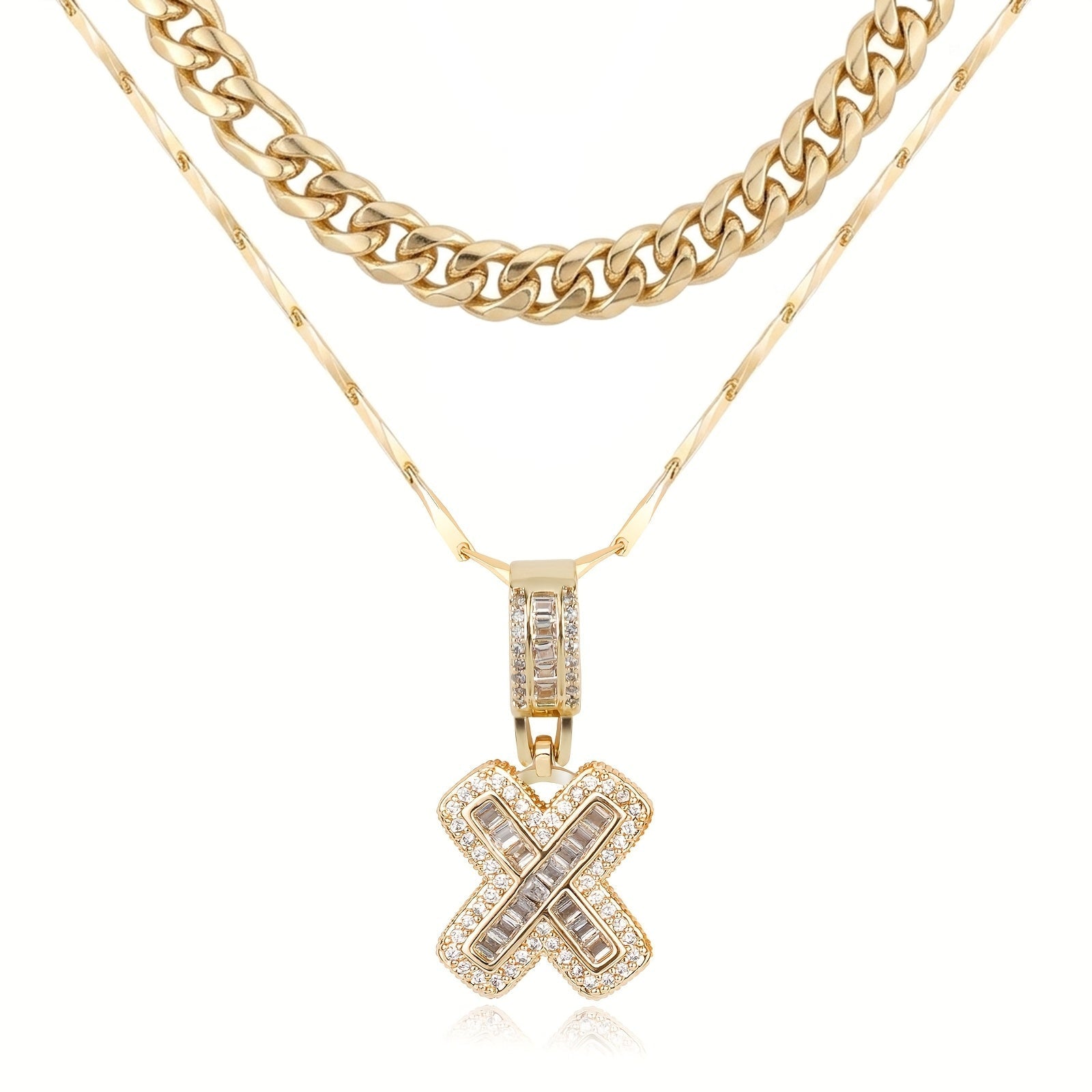 2pc 14k Layered Cuban & Initial Necklaces in gold