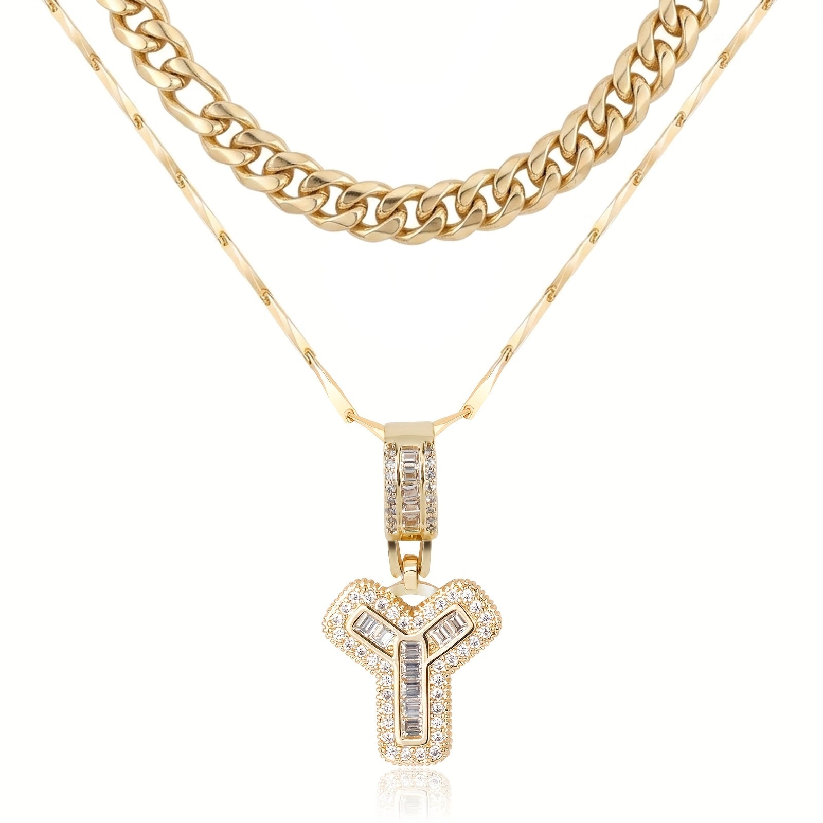 2pc 14k Layered Cuban & Initial Necklaces in gold