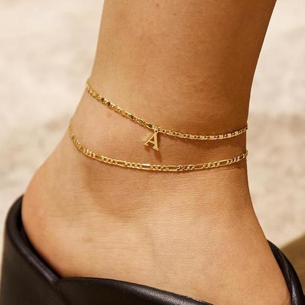 2pc 14k Serif Letter Initial Anklet Set