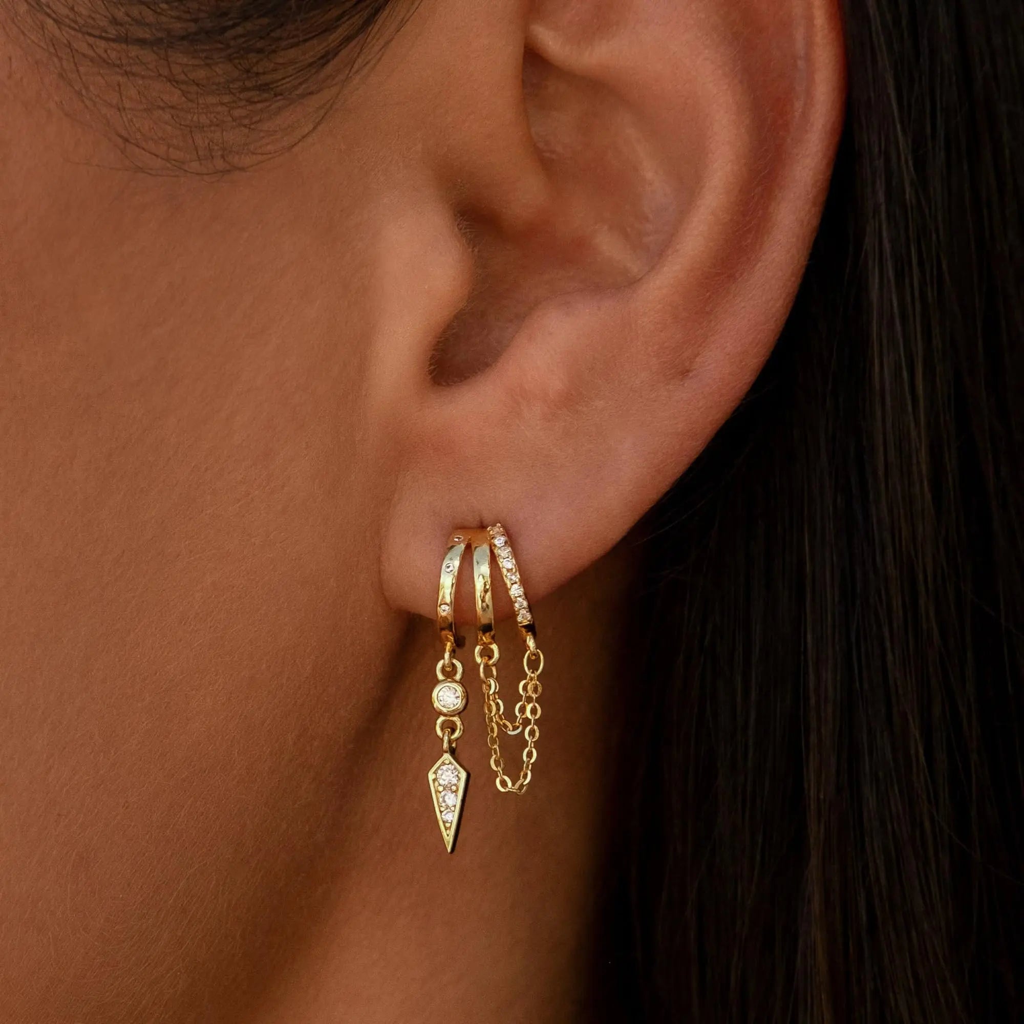 14k Triple Huggie Dangle Earrings Pair in gold