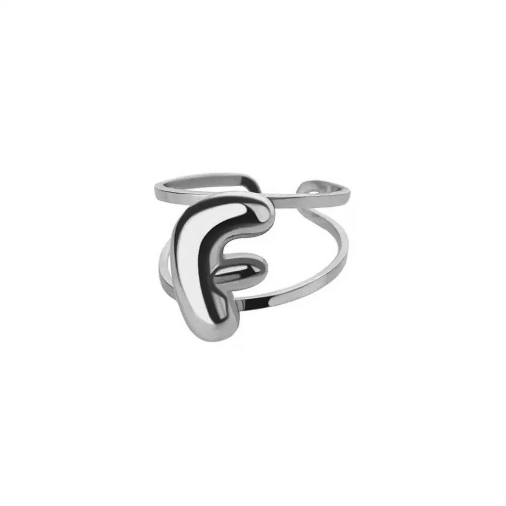 Adjustable Open Band Bubble Letter Initial Ring in silver