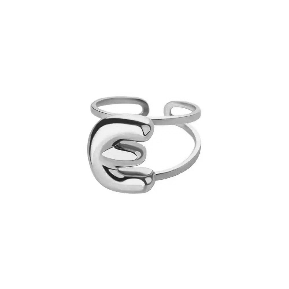 Adjustable Open Band Bubble Letter Initial Ring in silver