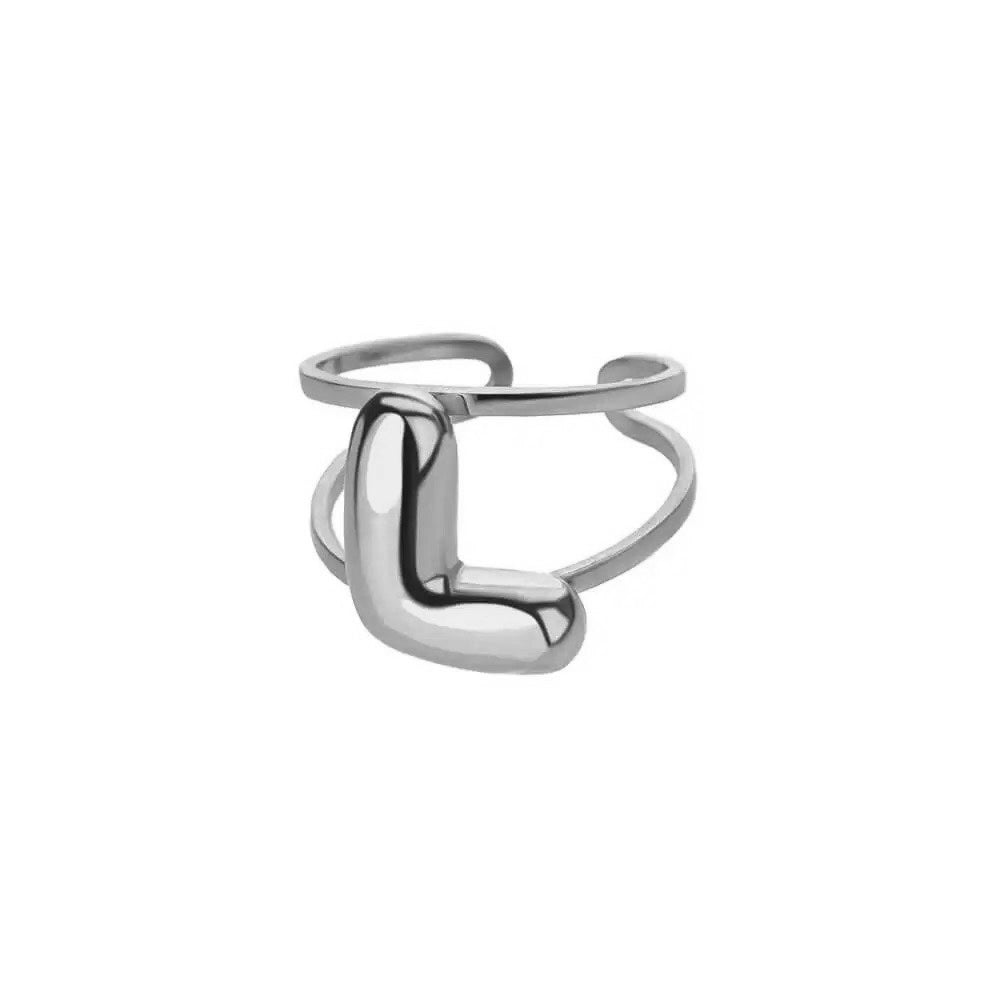 Adjustable Open Band Bubble Letter Initial Ring in silver