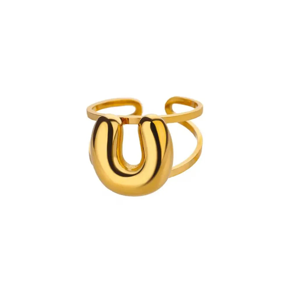 Adjustable Open Band Bubble Letter Initial Ring in gold