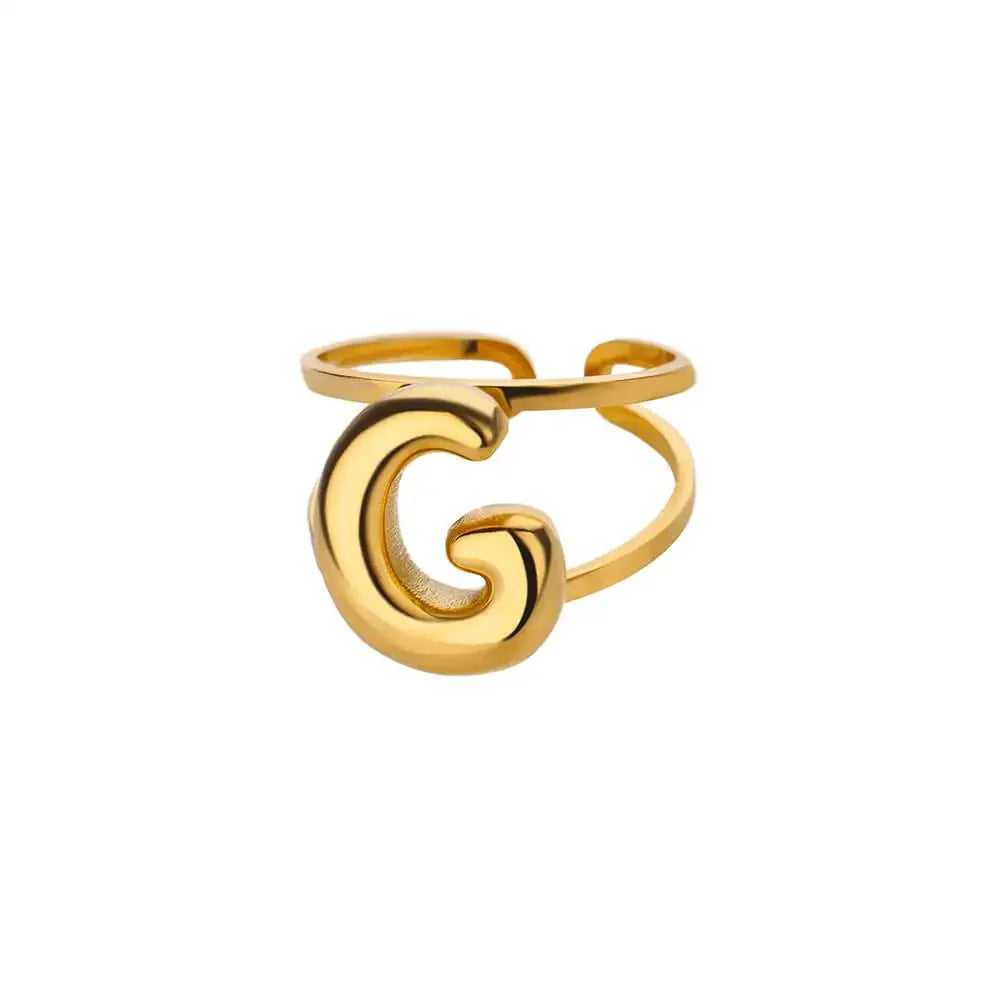 Adjustable Open Band Bubble Letter Initial Ring in gold