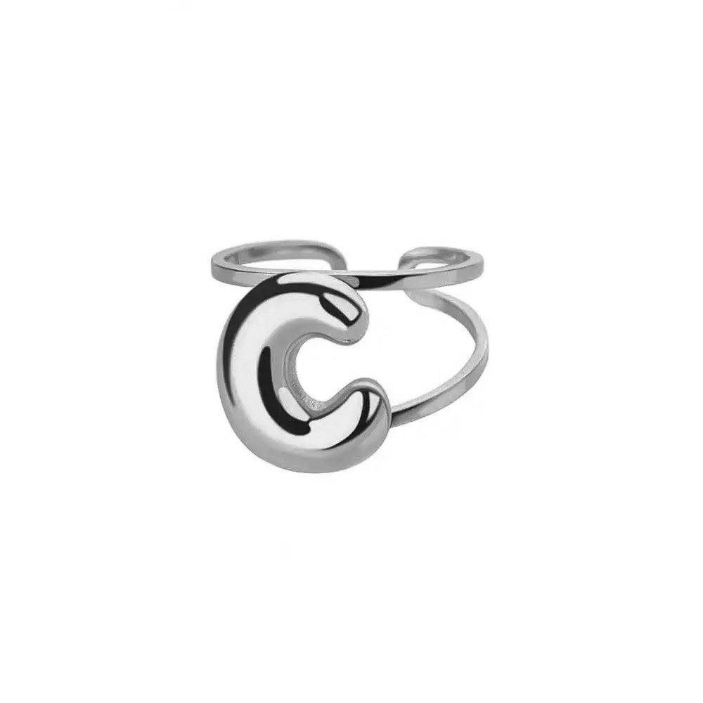 Adjustable Open Band Bubble Letter Initial Ring in silver