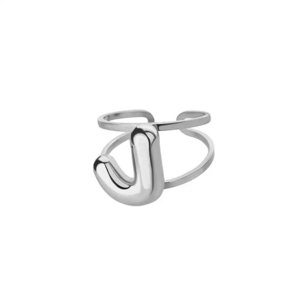 Adjustable Open Band Bubble Letter Initial Ring in silver