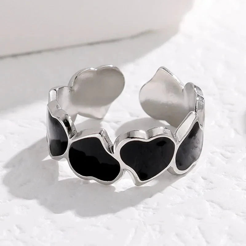 Adjustable Romantic Enamel Heart Ring in silver