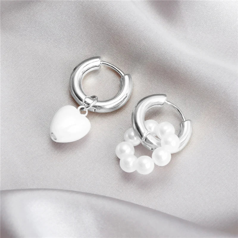 Asymmetrical Dainty Pearl Hoop Earrings in silver