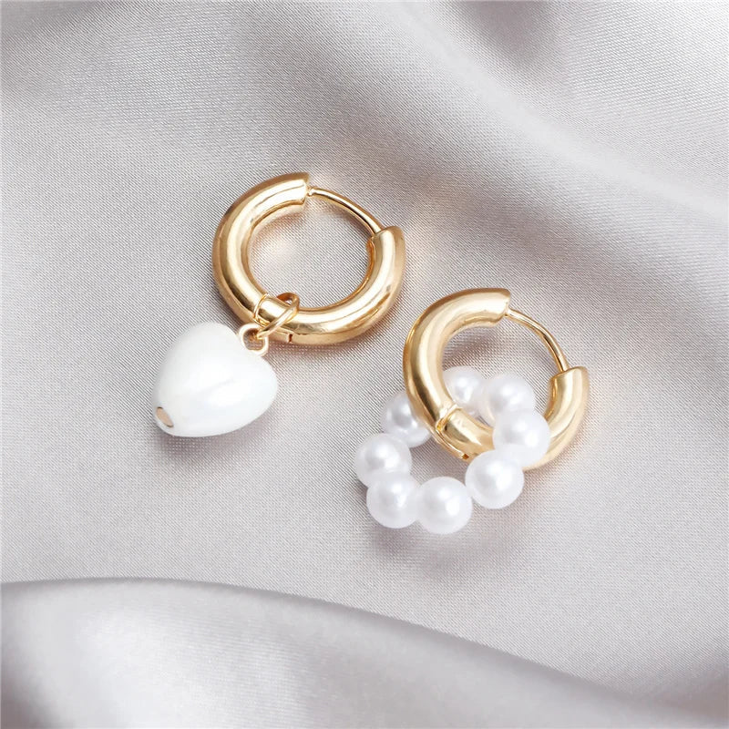Asymmetrical Dainty Pearl Hoop Earrings in gold