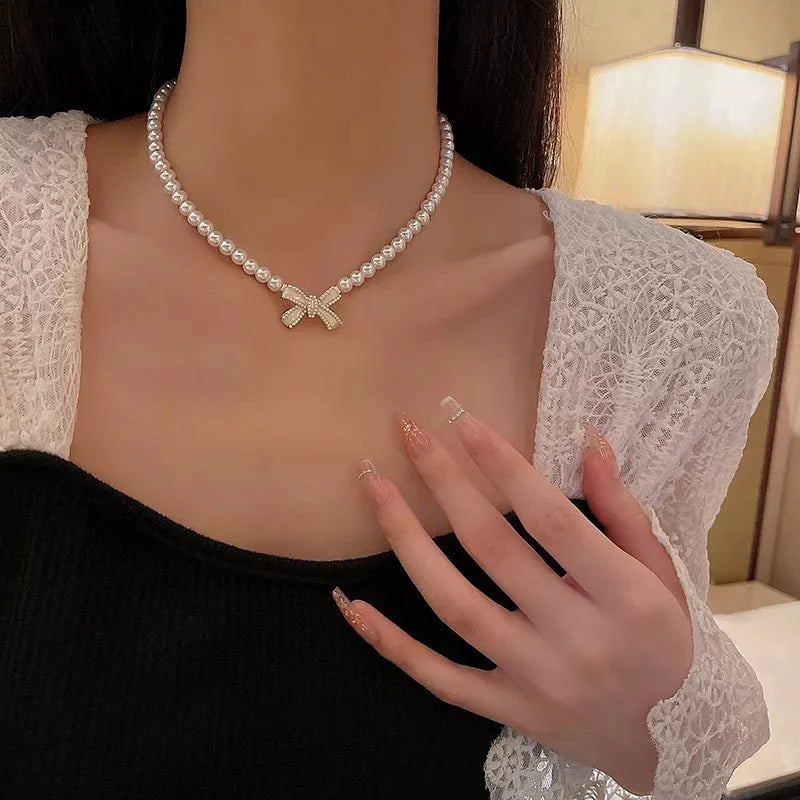 Beaded Pearl Bow Necklace