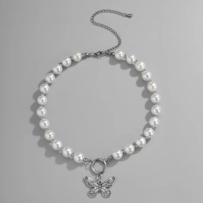 Beaded Pearl Butterfly Pendant Choker Necklace