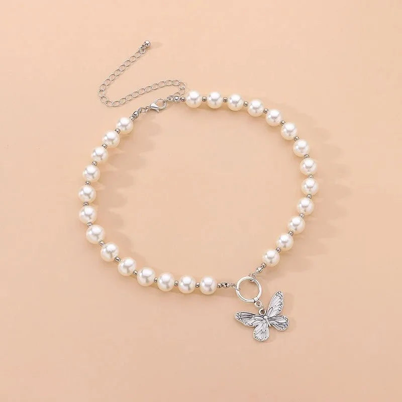 Beaded Pearl Butterfly Pendant Choker Necklace