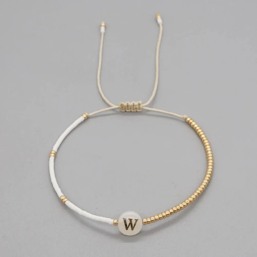 Boho White & Gold Beaded Letter Initial Beaded Bracelets
