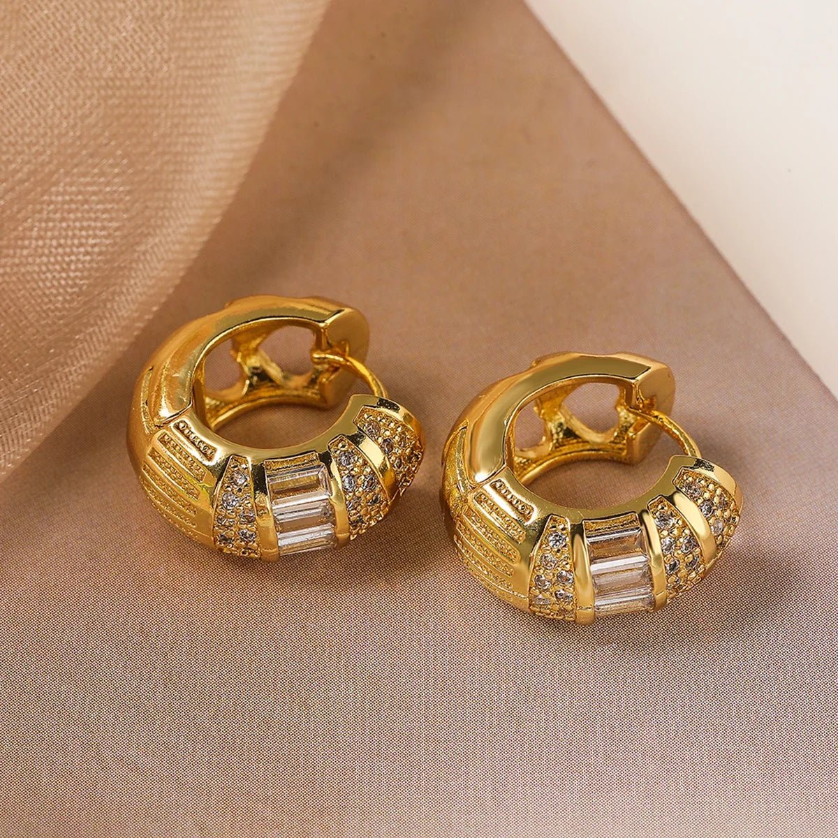 Bold Baguette Scattered Diamond Hoop Earrings in gold