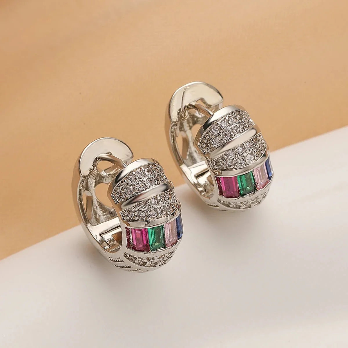 Bold Baguette Scattered Diamond Hoop Earrings in silver
