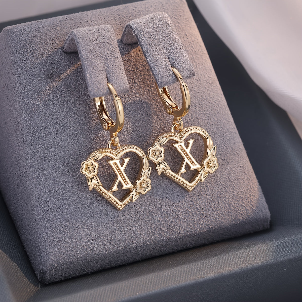 dainty initial letter heart hoop earrings