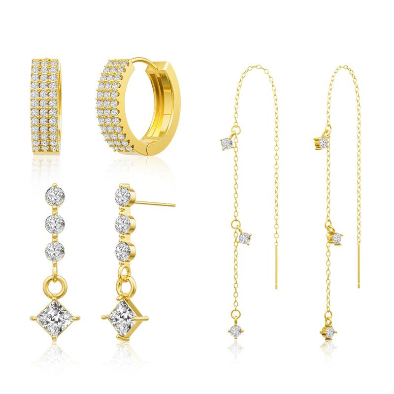 3pc Dainty Diamond Accented Earrings Stack in gold