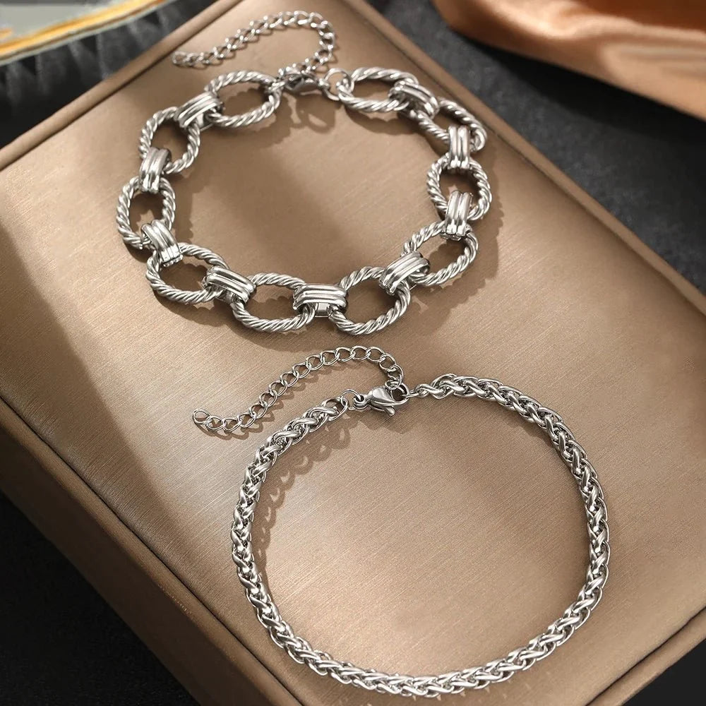 Chunky Paperclip & Weave Chain Bracelet Set in silver