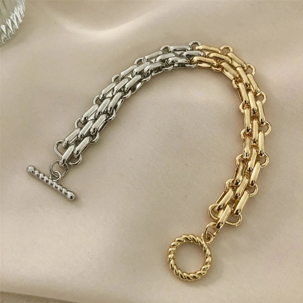 Chunky Two Tone Textured Circle Clasp Bracelet