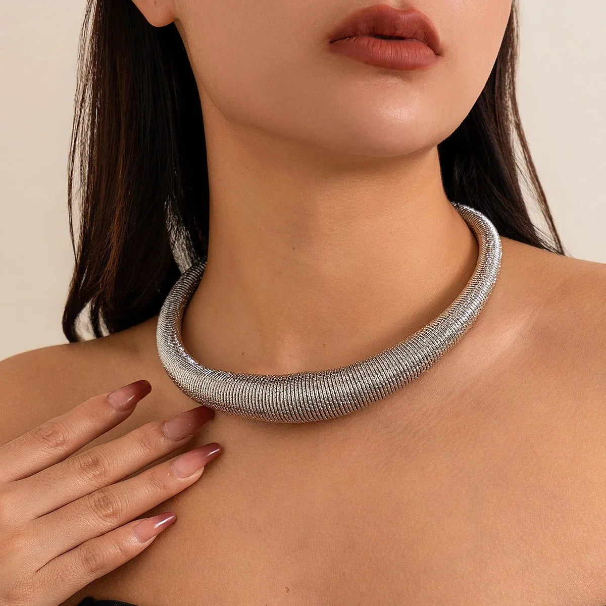 Classy Chunky Textured Choker Necklace in silver