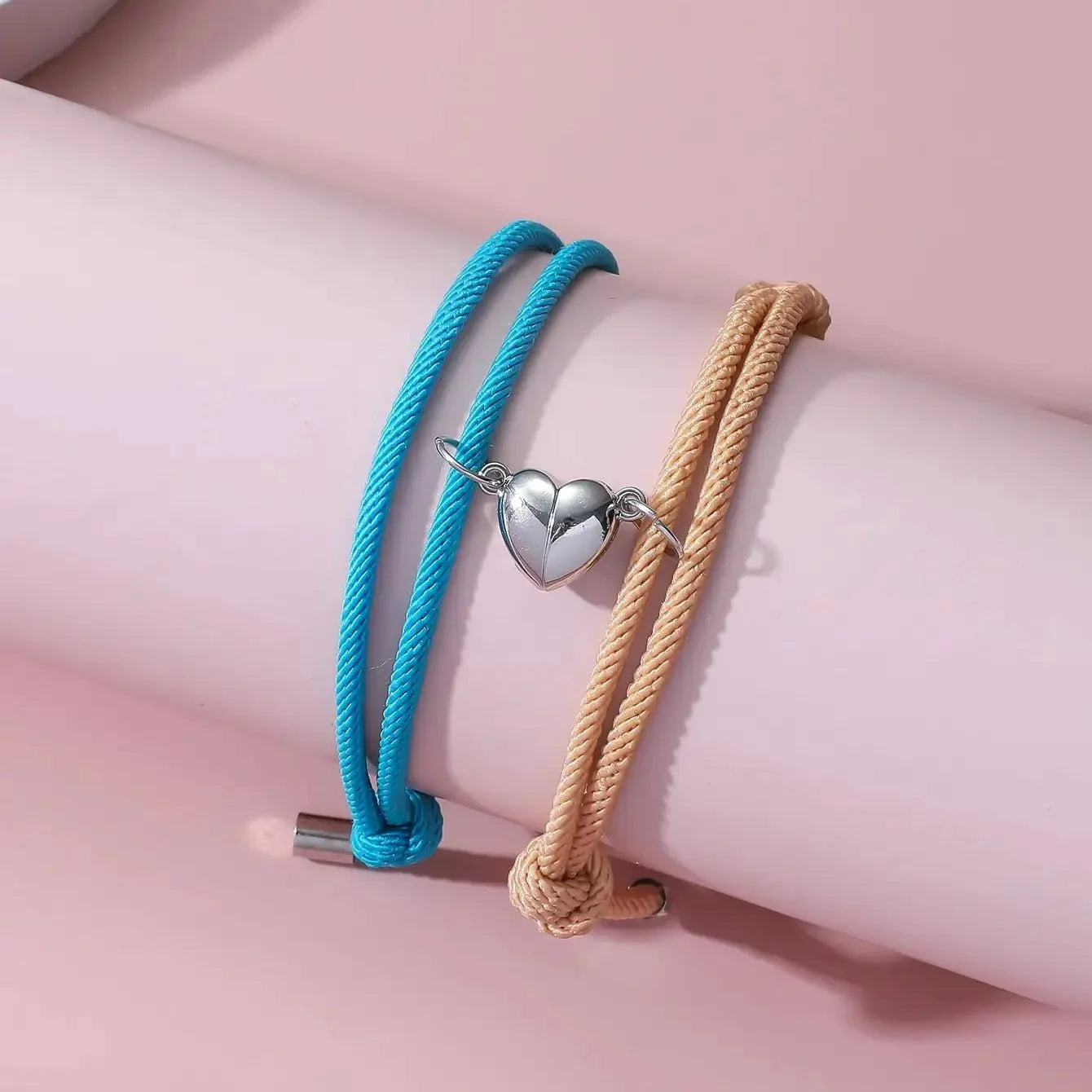 Couples Magnetic Heart Rope Bracelet Set in blue & beige