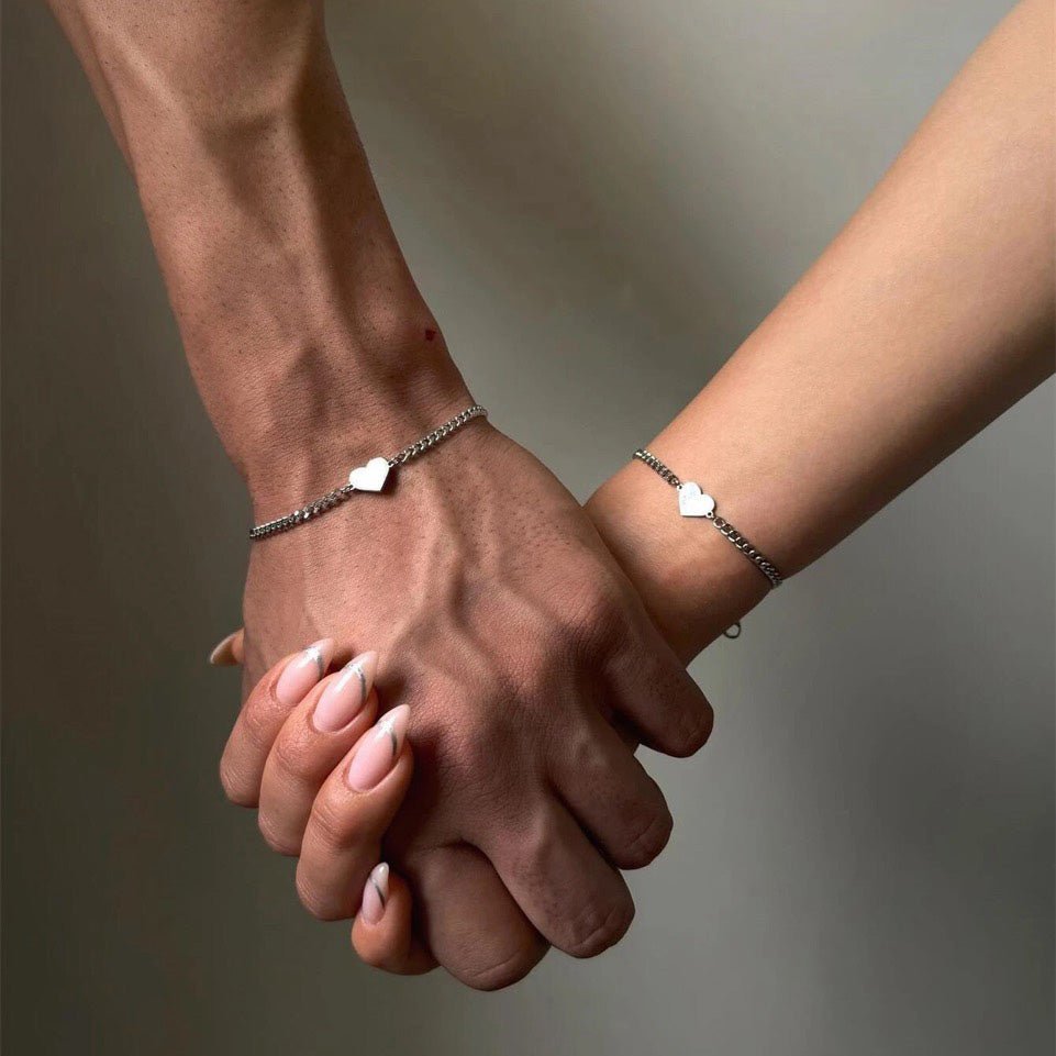 Couples Thin Cuban Link Heart Bracelet Set