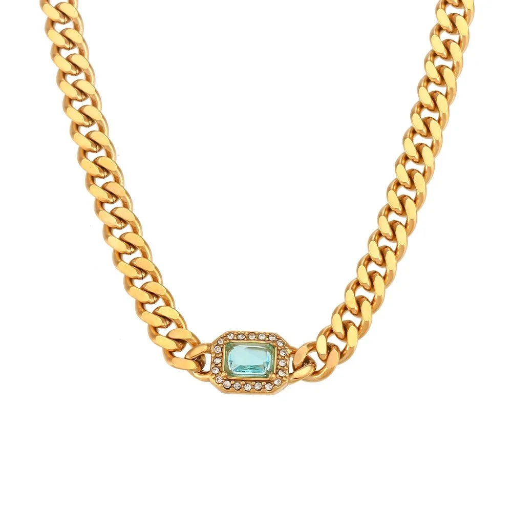 Cuban Chain Square Cut Diamond Choker and Bracelet in blue
