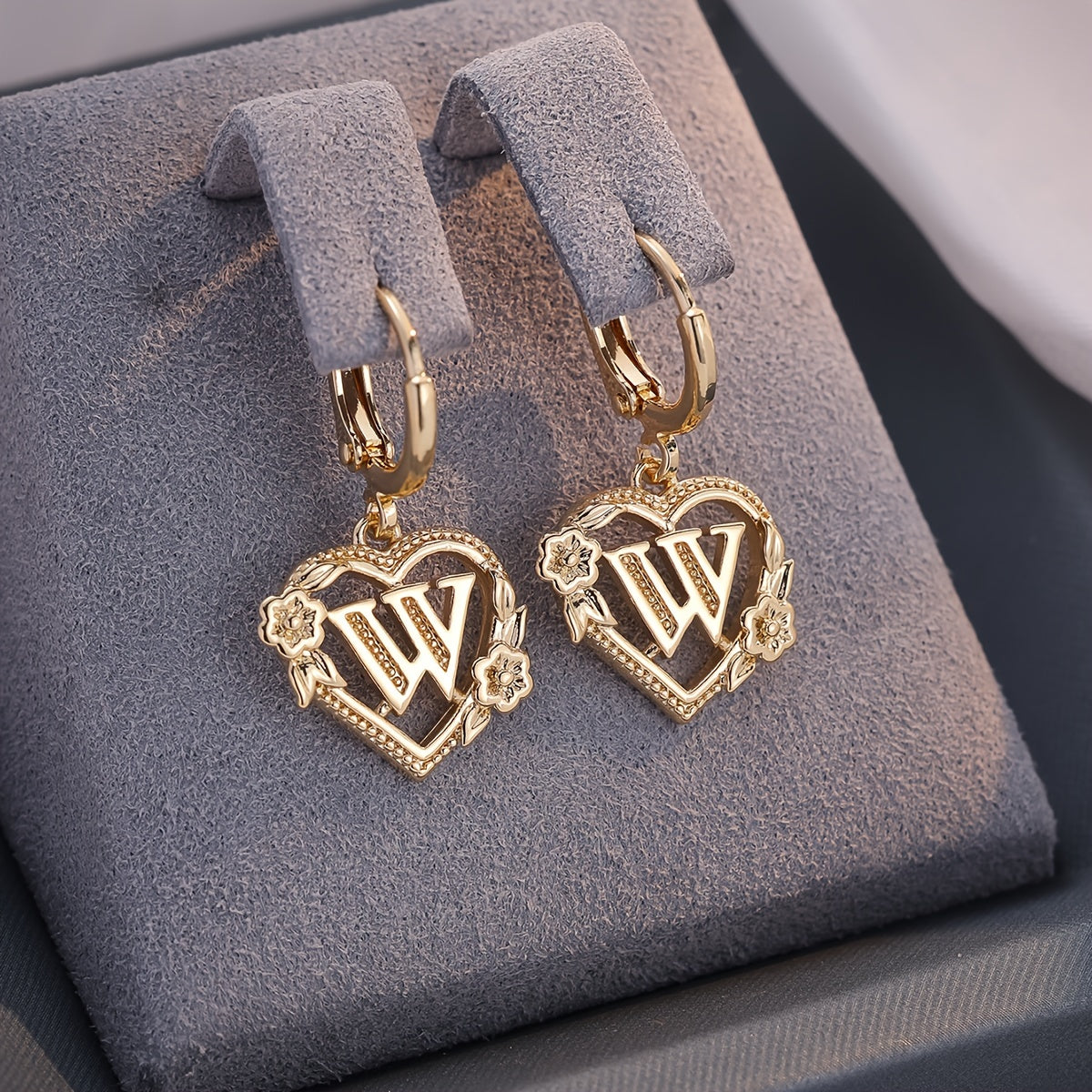 dainty initial letter heart hoop earrings