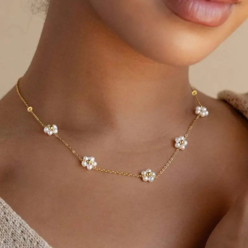 14k Pearl Floral Choker Necklace