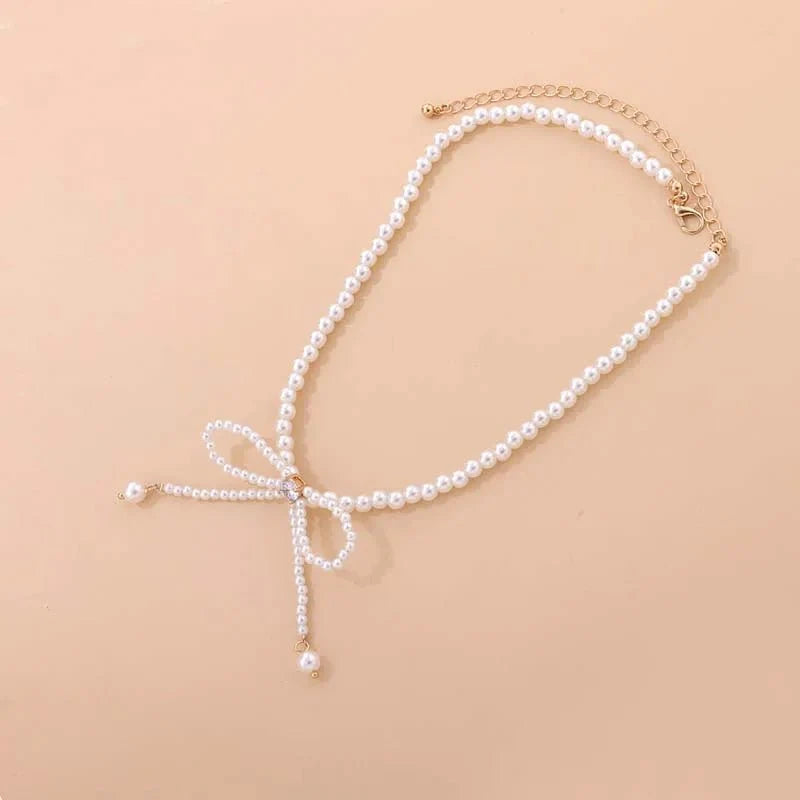 Dainty Beaded Pearl Bow Choker Necklace