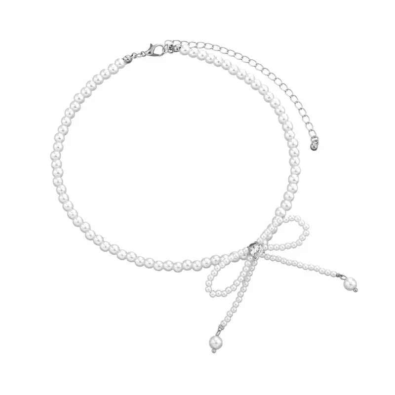 Dainty Beaded Pearl Bow Choker Necklace in silver