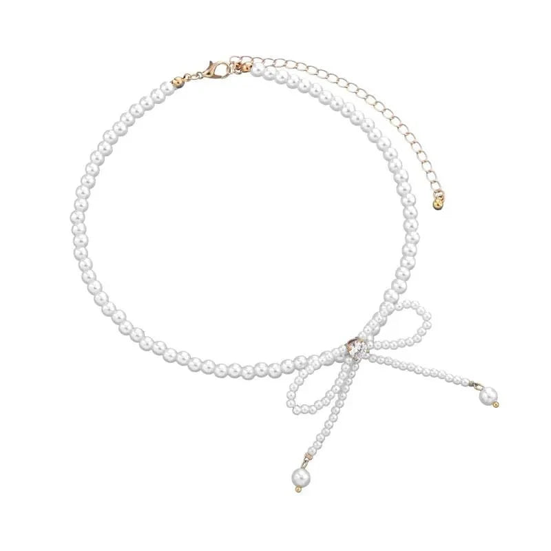 Dainty Beaded Pearl Bow Choker Necklace in gold